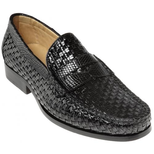Belvedere "Franco" Black Genuine Lizard / Hand Woven Leather Loafer Shoes.